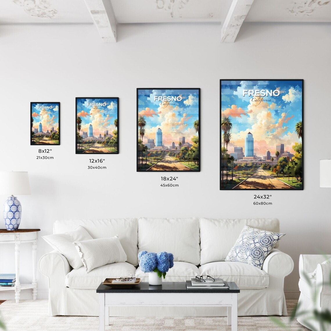 Fresno California Poster Illustrated City Skyline Palm Trees Travel Art - Image 3