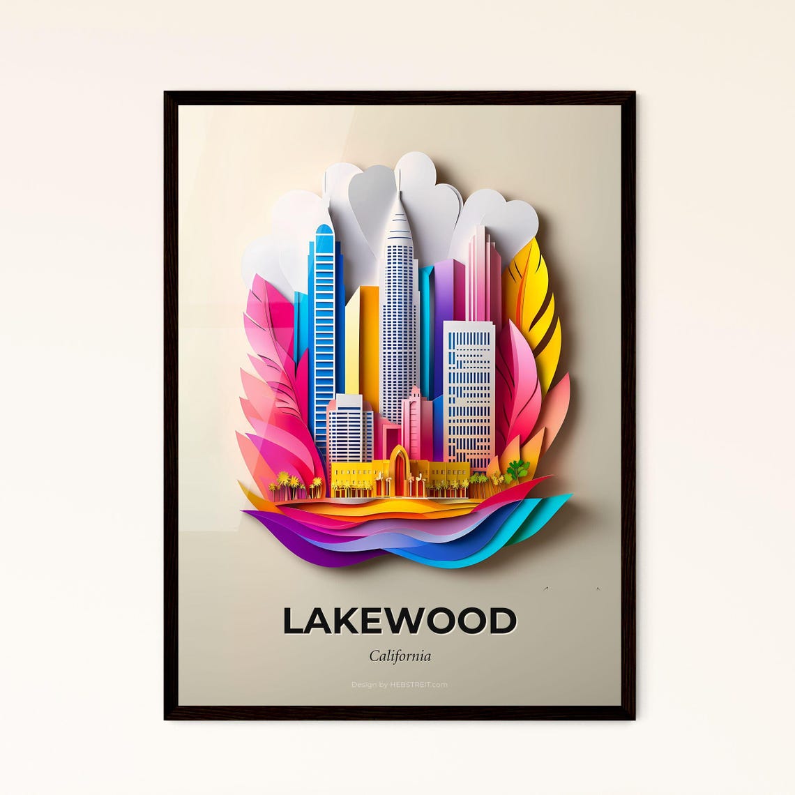Lakewood California Modern Skyscraper Papercut City Art Poster