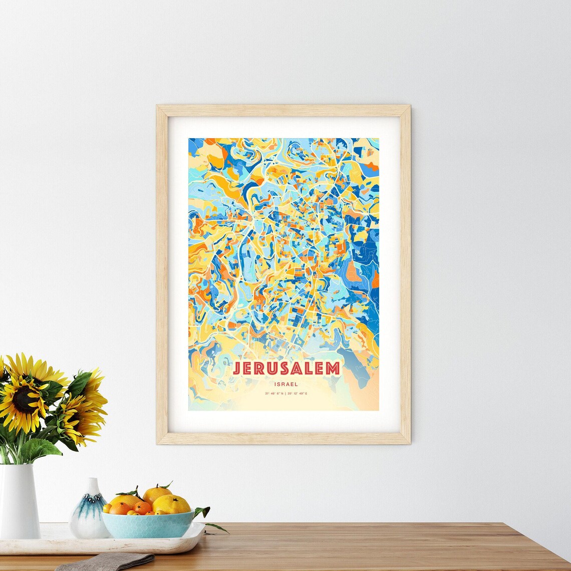 Jerusalem Israel Vibrant Colorful Blue Orange City Map Art Poster - Image 2