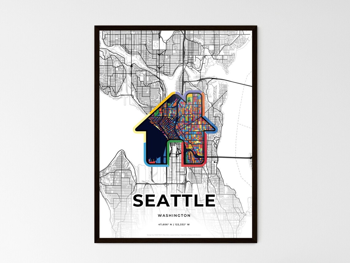 Seattle Washington Minimal City Map Colorful Heart Icon Art Poster - Image 3
