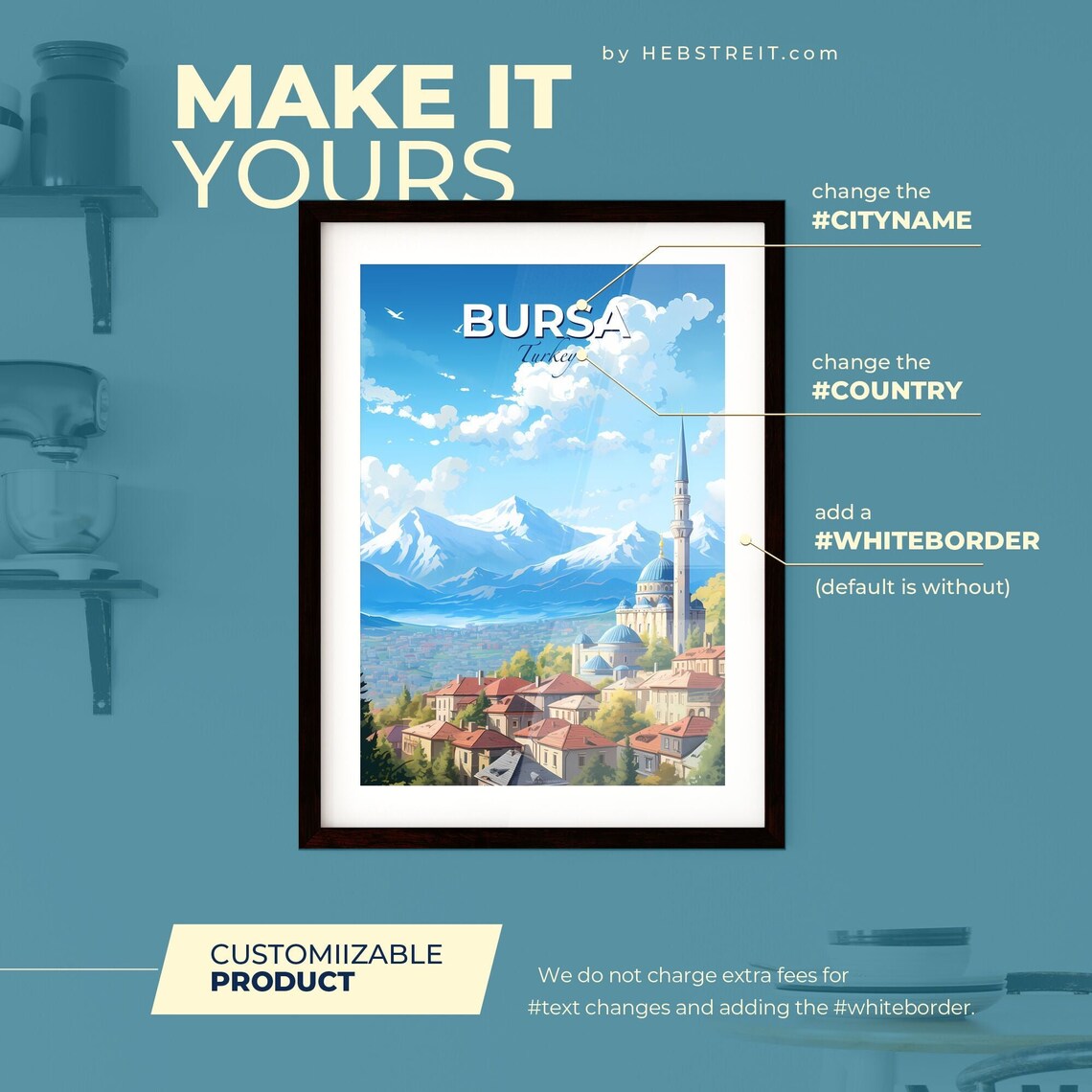 Bursa Turkey Mosque Minaret Snowy Mountain Skyline Travel Poster - Image 2