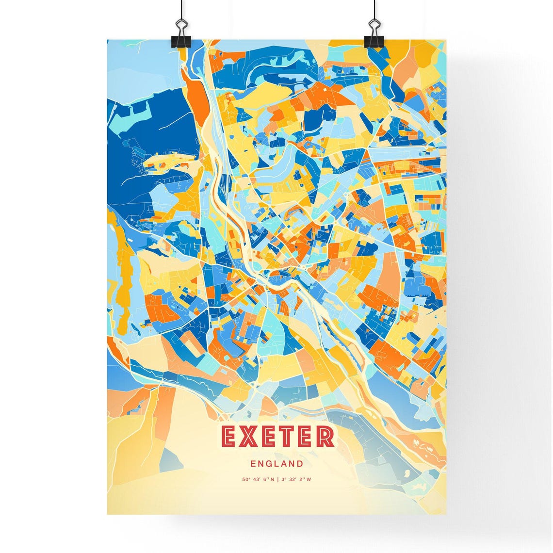 Exeter England Colorful Blue Orange City Street Map Art Poster - Image 3