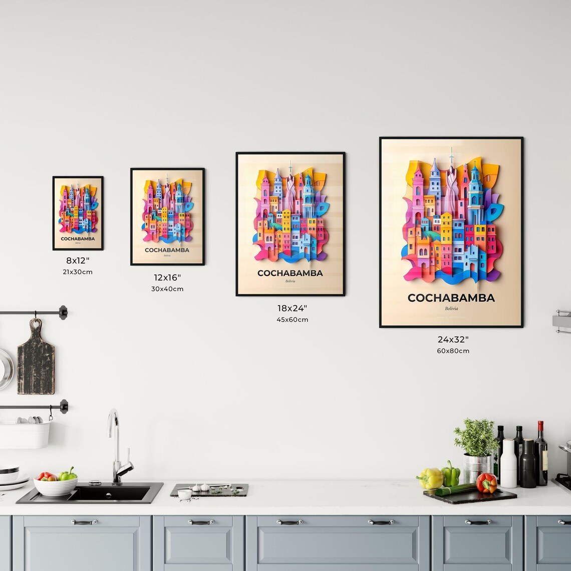 Cochabamba Bolivia Colorful Paper Cut Church Towers Scene Poster - Image 3
