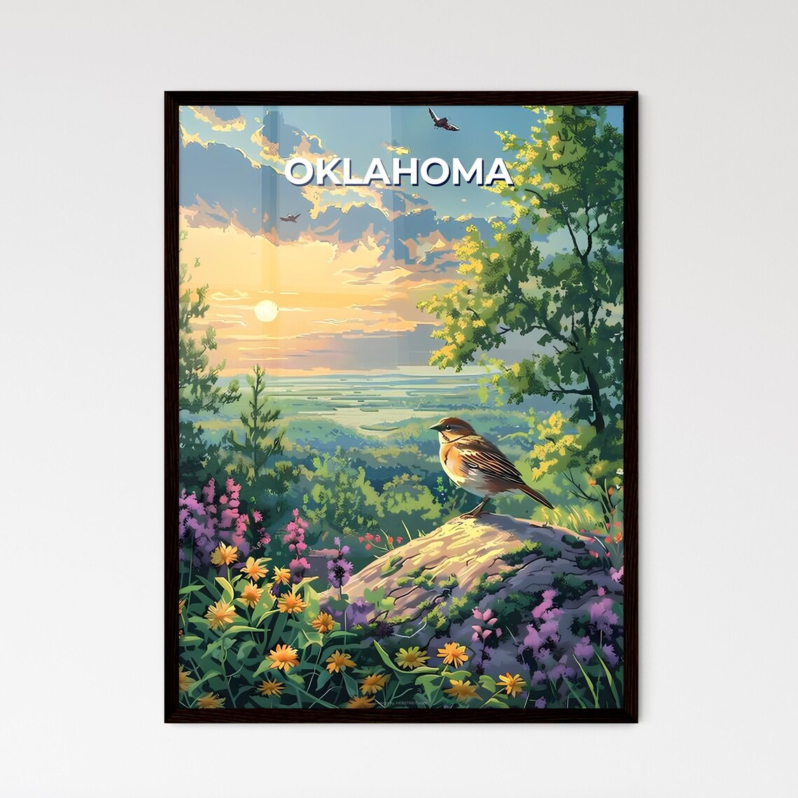 Oklahoma Songbird Wildflower Prairie Sunrise Nature Travel Poster