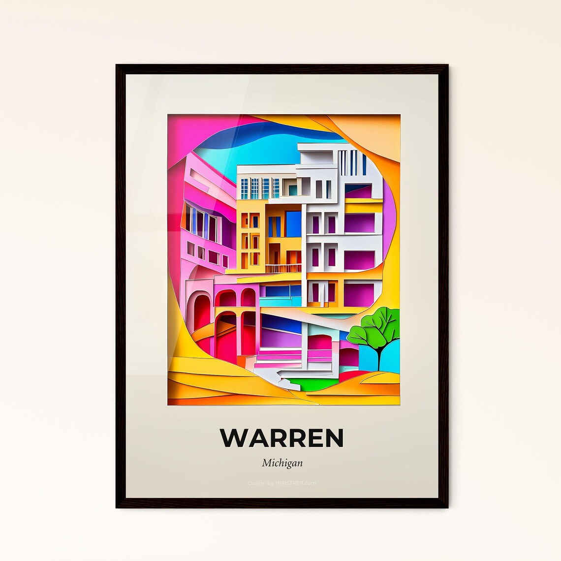 Warren Michigan Colorful City Buildings Paper Cut Art Poster