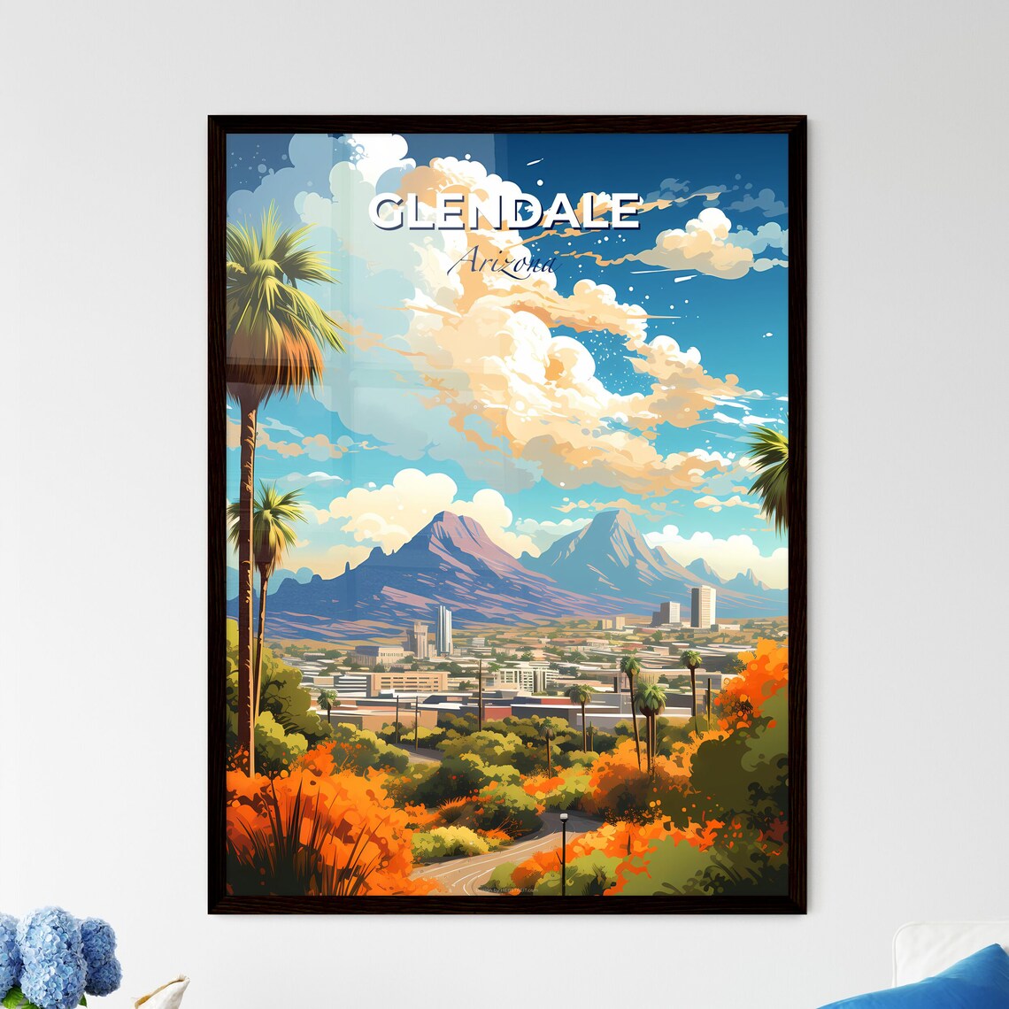 Glendale Arizona Poster Desert City Palms Mountain Illustrated Travel Art