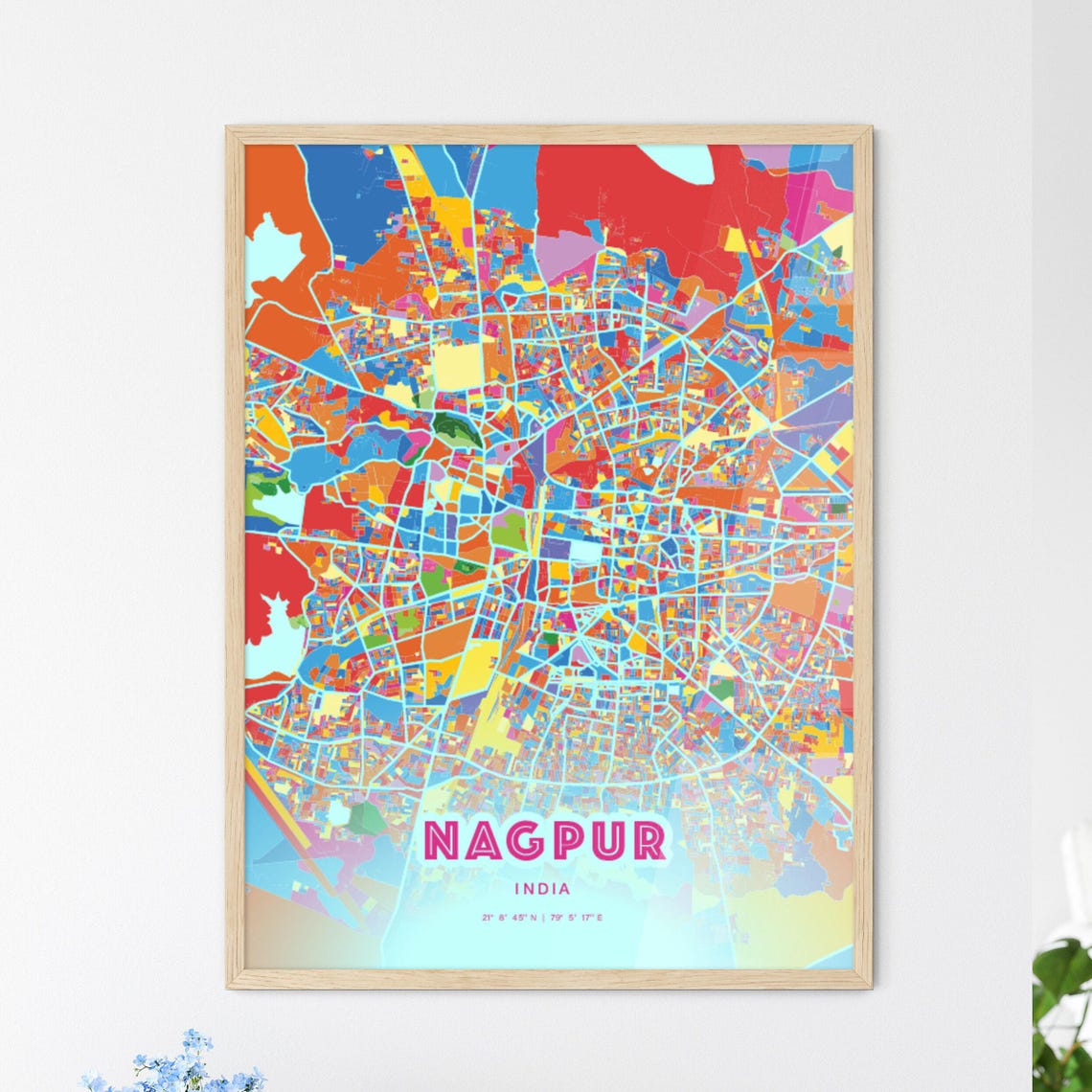 Nagpur India Colorful City Map Art Poster in Pink and Turquoise