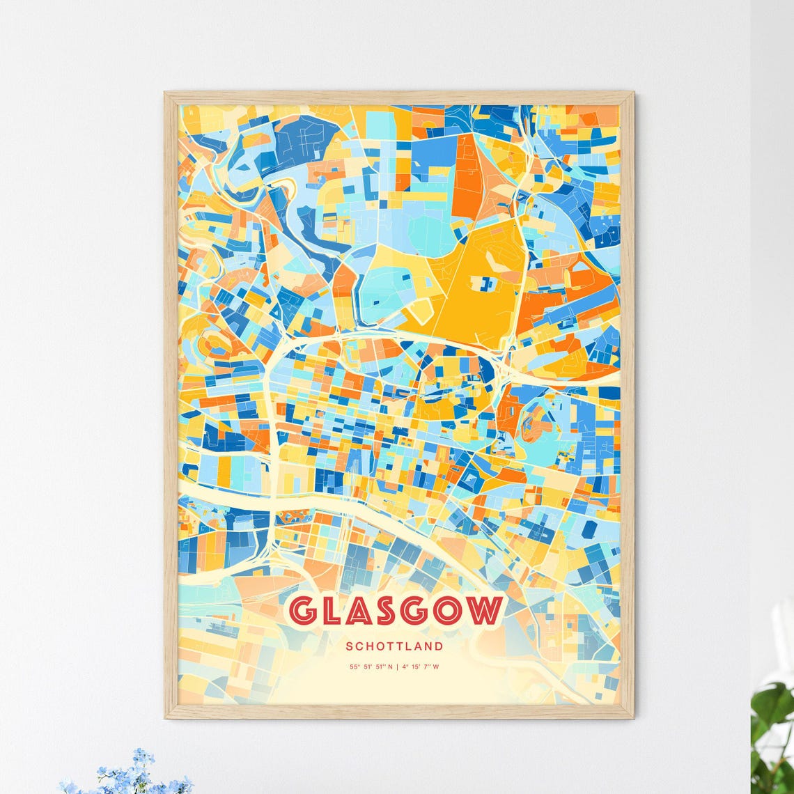 Glasgow Scotland Blue Orange Modern City Map Art Poster for Home