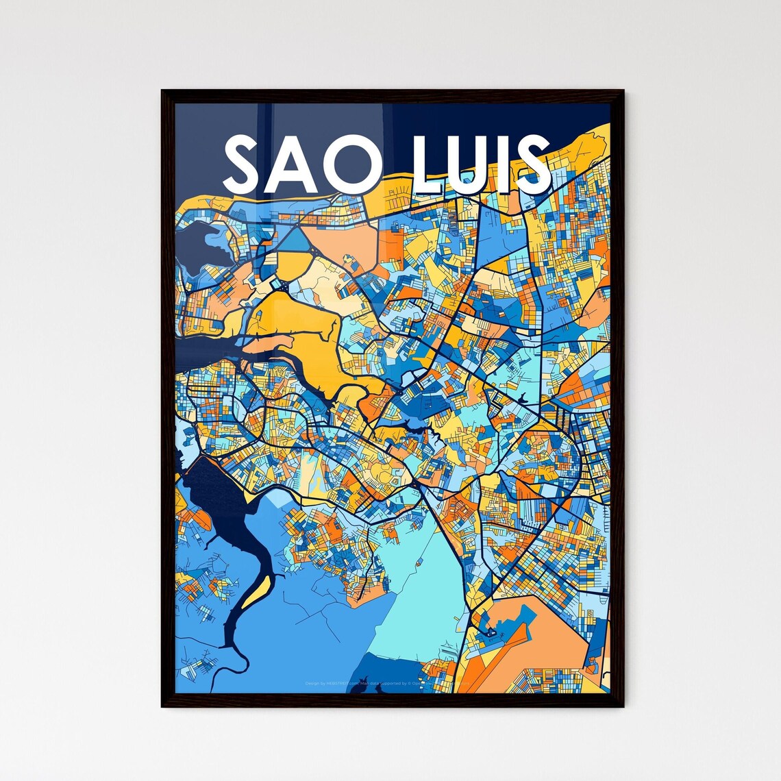 Sao Luis Brazil Bold City Map Art Poster in Navy Orange and Yellow