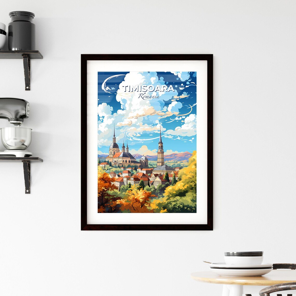 Timisoara Romania Skyline Travel Poster With Historic Churches And Autumn Trees - Image 2