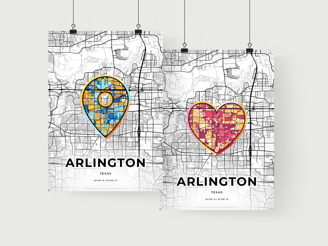 Arlington Texas Minimal City Map Colorful Heart Icon Art Poster - Image 2