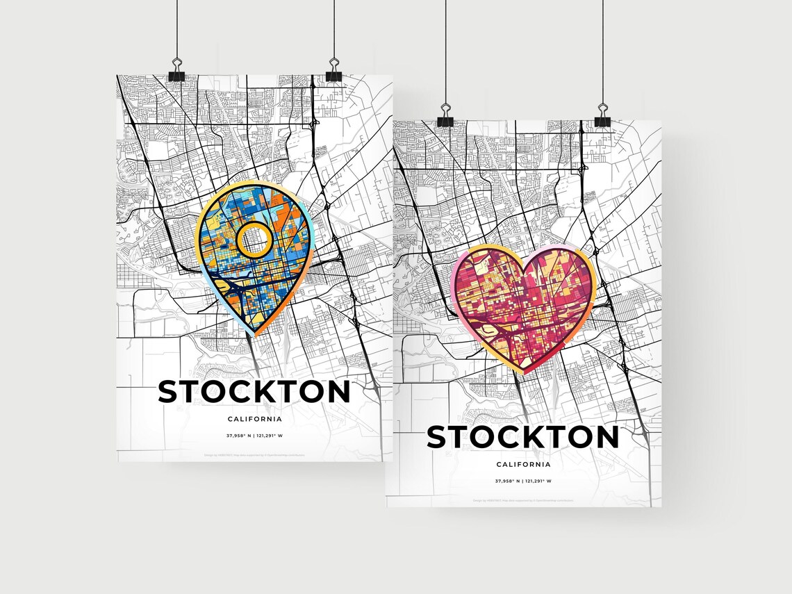Stockton California Minimal Map Art With Colorful Heart Icon Poster - Image 2
