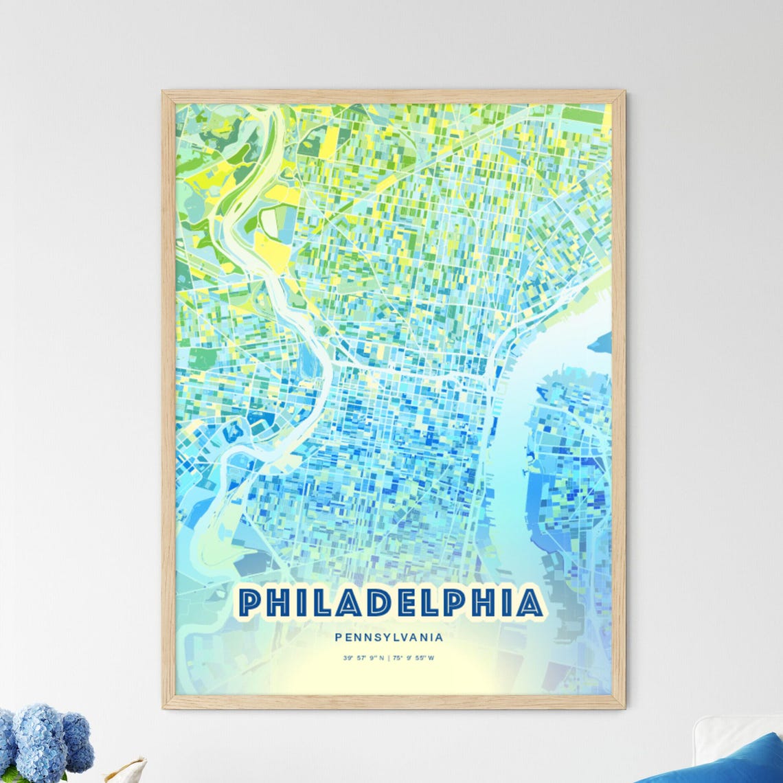 Philadelphia Pennsylvania Bluish Watercolor City Map Art Poster
