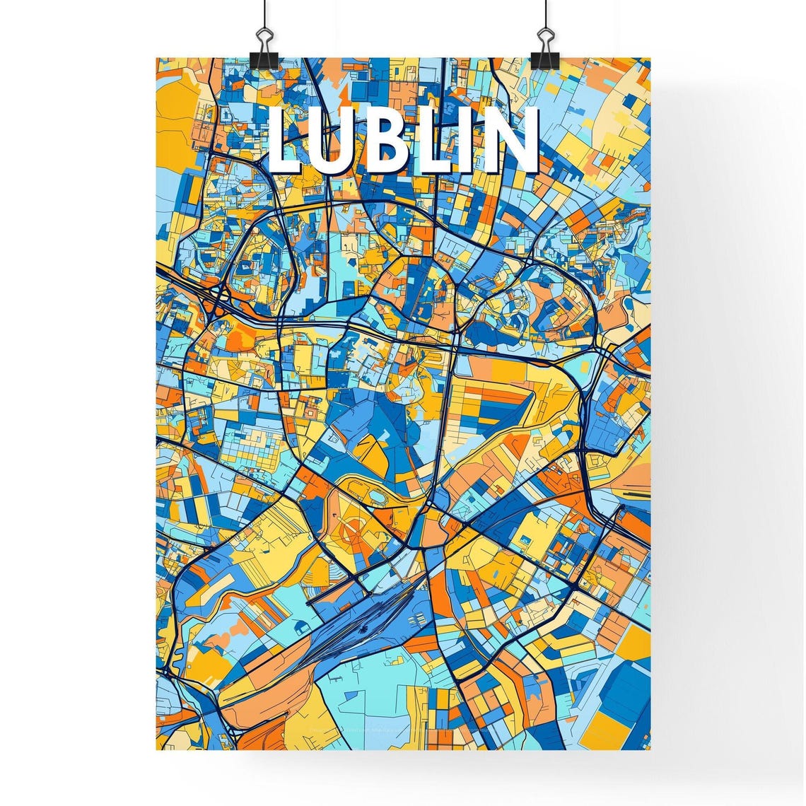 Lublin Poland Bold Colorful Blue Orange Fine Art City Map Poster
