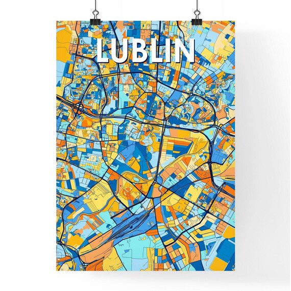 Lublin Poland Bold Colorful Blue Orange Fine Art City Map Poster