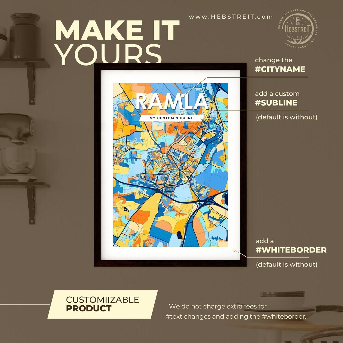Ramla Israel Bold Colorful Vibrant City Street Map Art Poster - Image 2