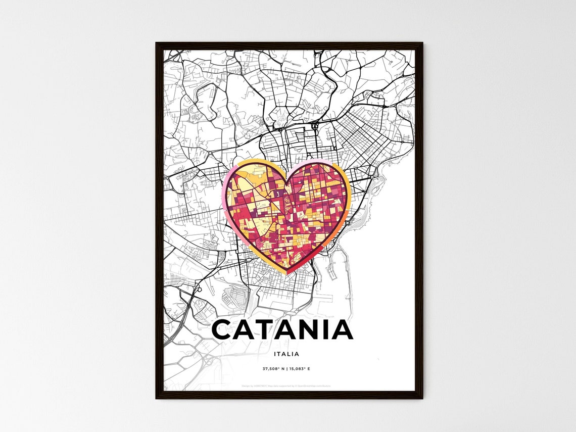 Catania Italy Where It All Began Heart Map Coordinates Poster