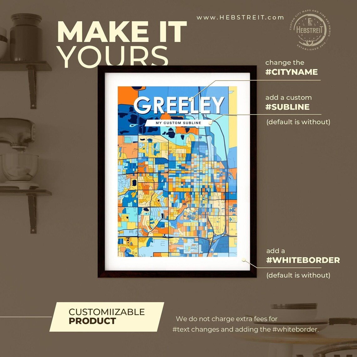 Greeley Colorado Stylish Vibrant Blue and Orange Mosaic City Map Poster - Image 2