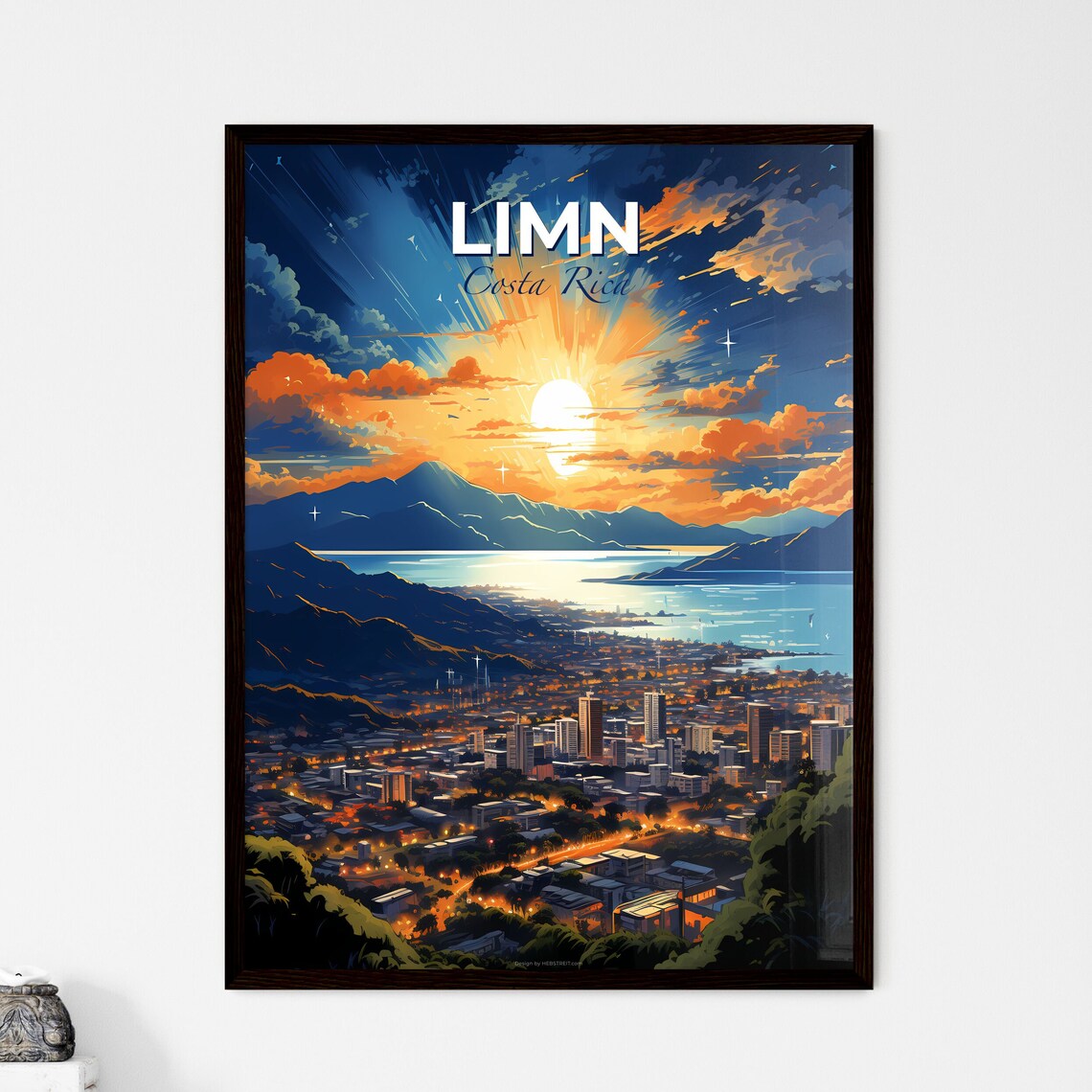 Limón Costa Rica Night City Bay Dramatic Sunrise Rays Travel Poster