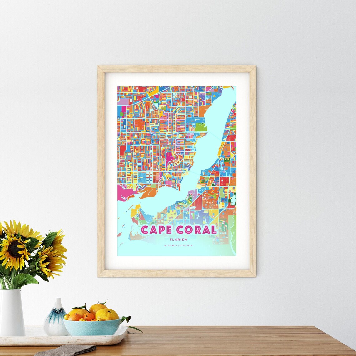 Cape Coral Florida Crazy Colorful Art Map Customizable Poster Print Unique Wall Decor Personalized Gift - Image 2