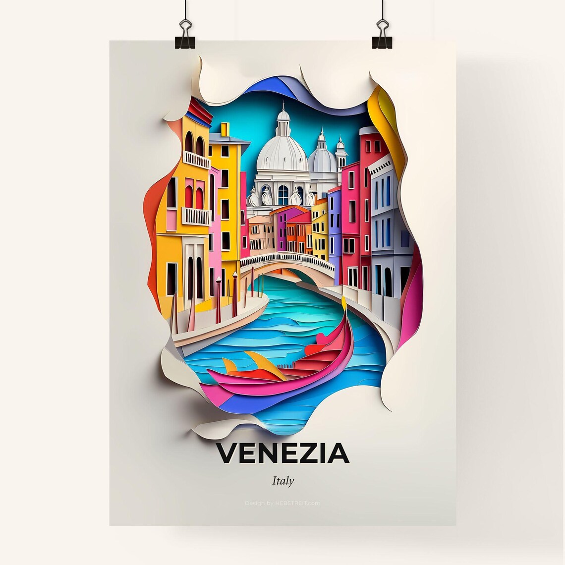 Venezia Italy Canal Gondola Basilica Dome Vivid Paper Cut Poster - Image 4