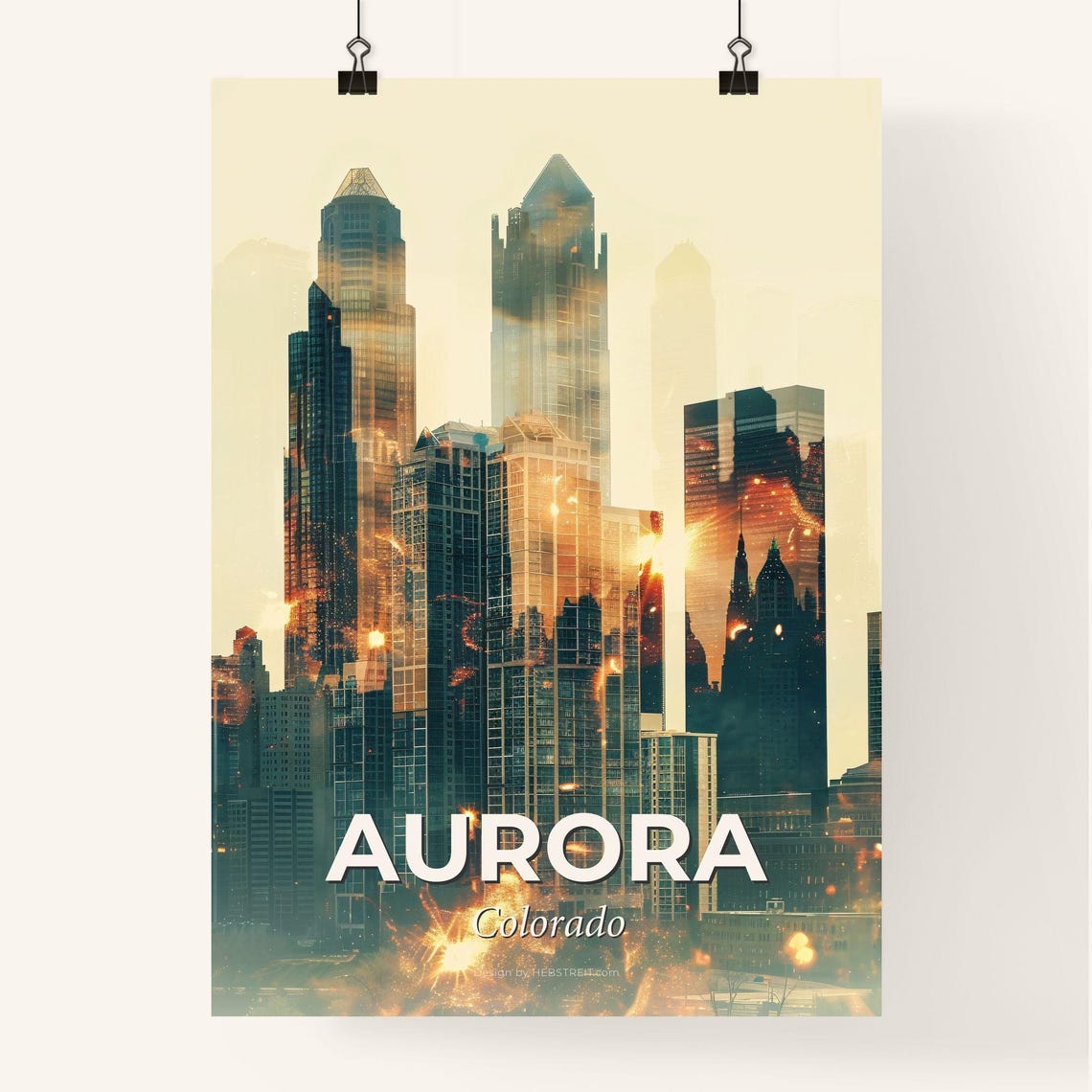 Aurora Colorado Downtown Skyline Golden Double Exposure Poster - Image 4