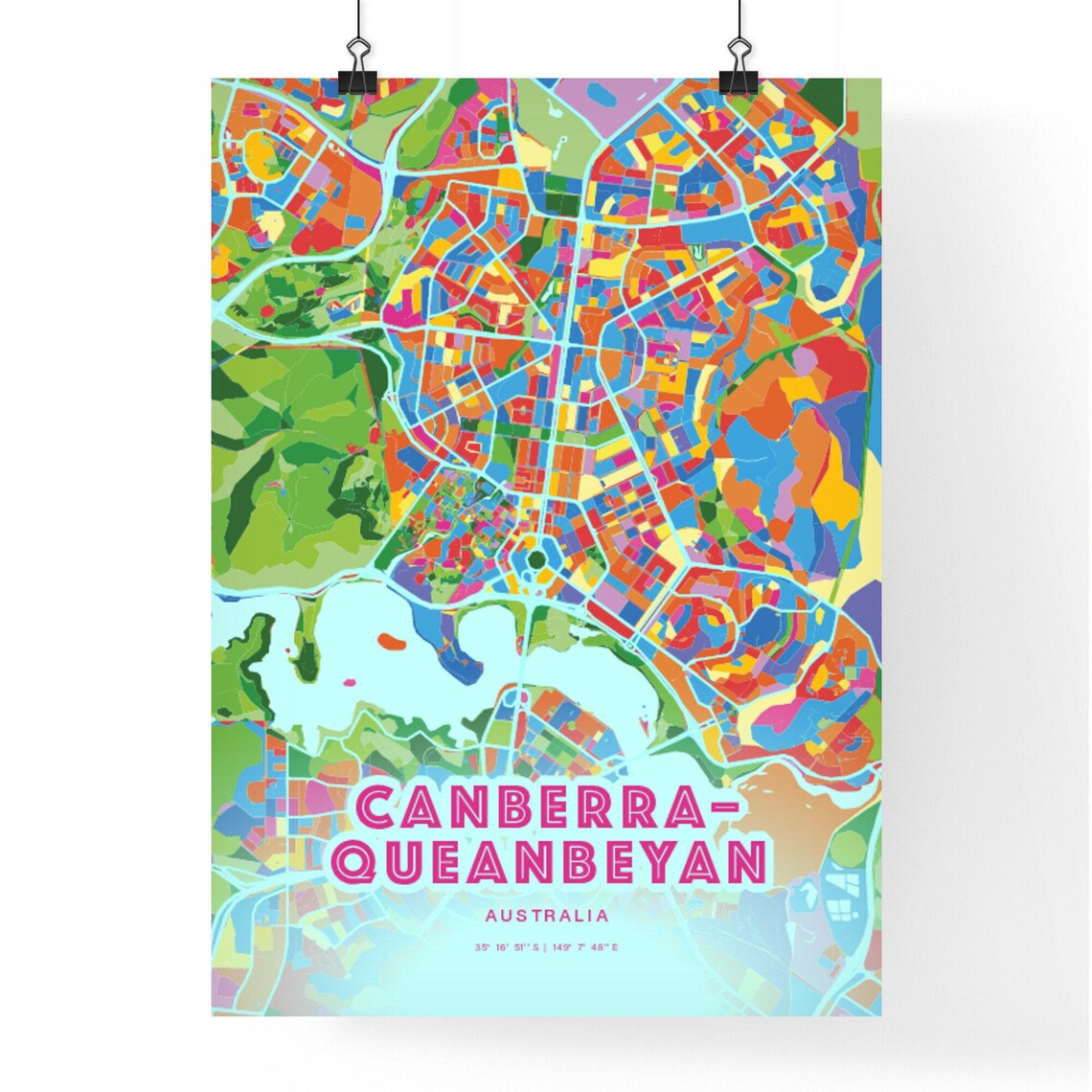 Queanbeyan Australia Colorful City Map Art Poster in Pink and Turquoise - Image 3