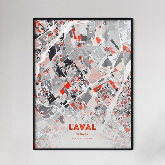 Laval Canada Modern Red Expressive City Map Poster with Coordinates