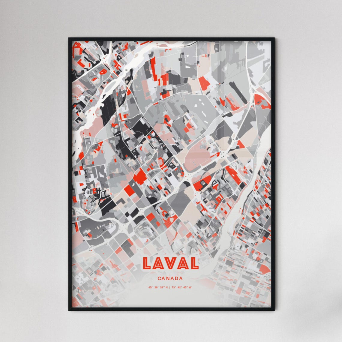 Laval Canada Modern Red Expressive City Map Poster with Coordinates