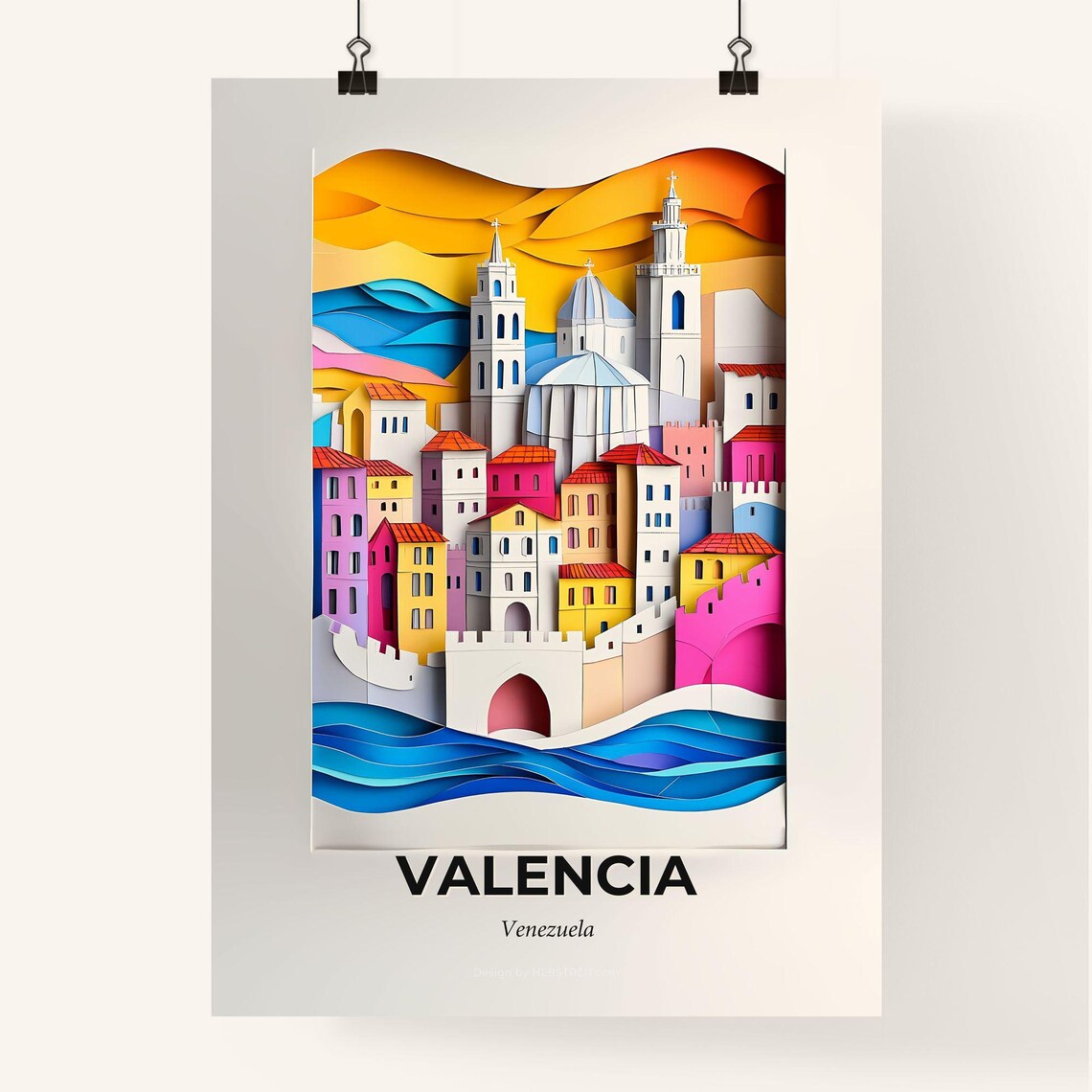 Valencia Venezuela Colorful Paper Cut City Skyline Travel Poster - Image 4