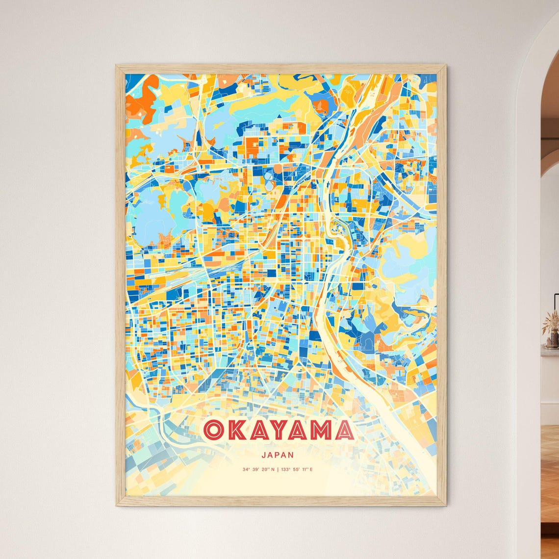 Okayama Japan City Map Abstract Blue Orange Modern Art Print