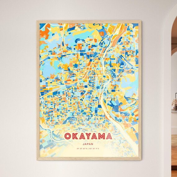 Okayama Japan City Map Abstract Blue Orange Modern Art Print