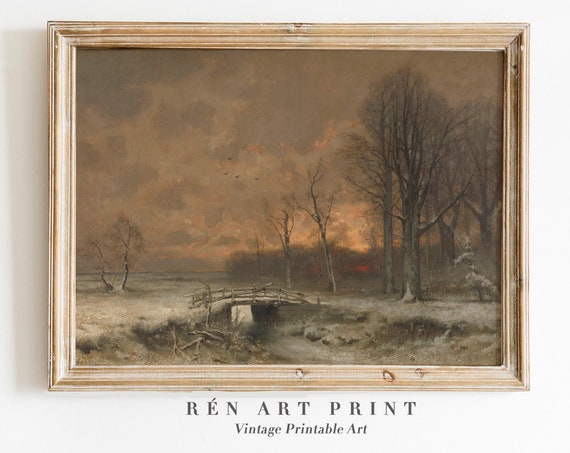 Moody Winter Landscape Painting Antique Rustic Winter Wall Art Vintage Snowy Sunset Painting Moody Wall Art