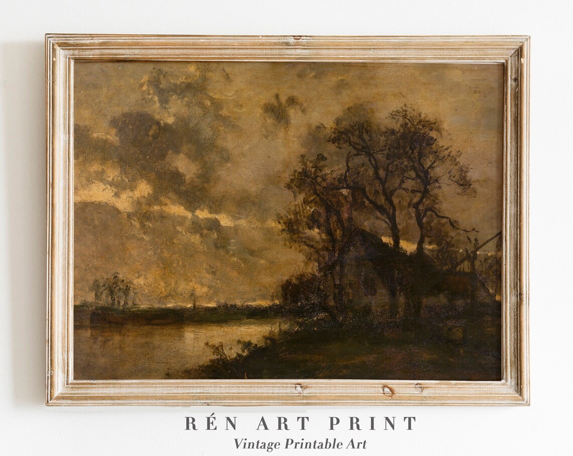 Moody Landscape Painting, Vintage Rustic Sunset Print