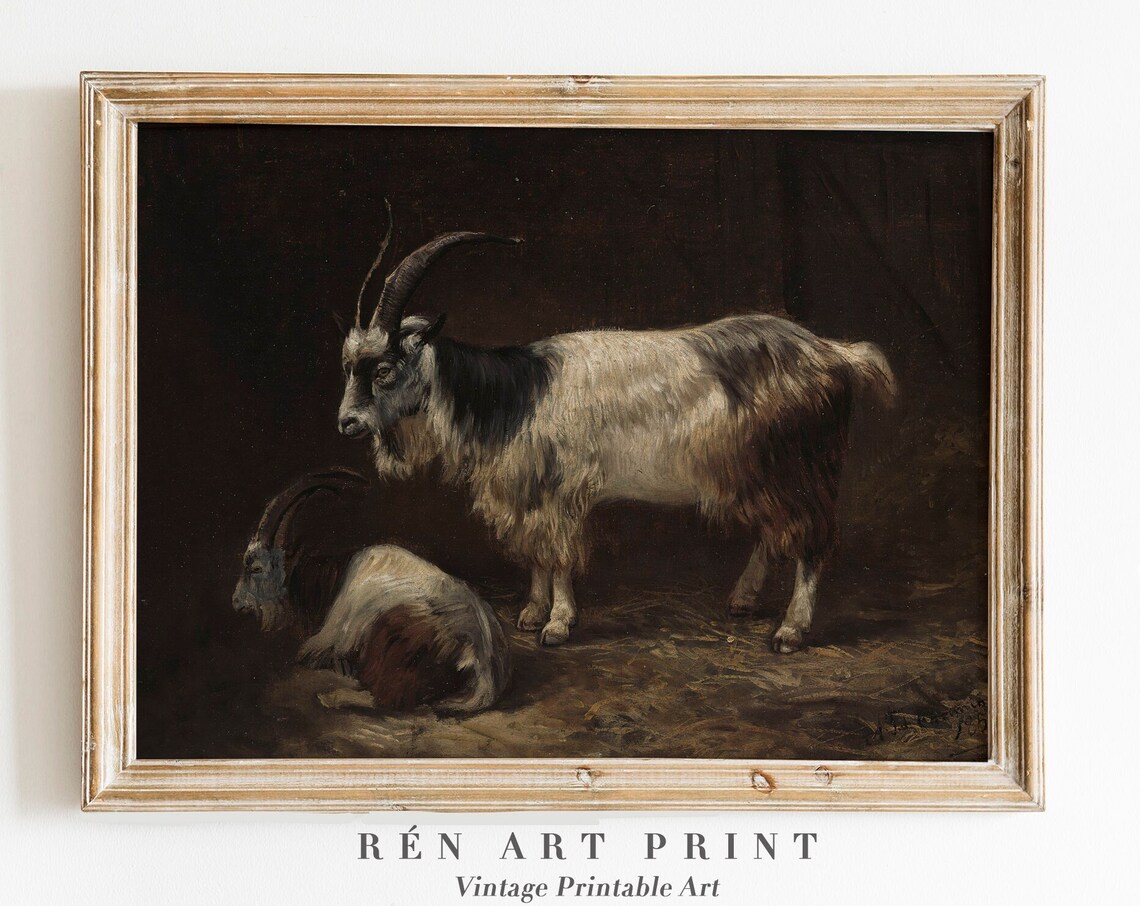 Vintage Goat Painting, Moody Rustic Animal Art Print
