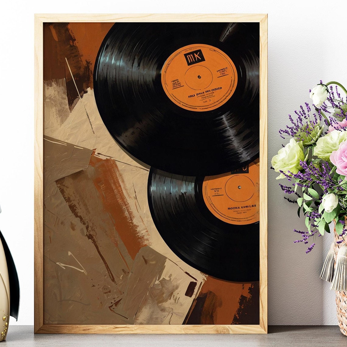 Two Retro Vinyl Records with Orange Labels on Abstract Wall Art Print