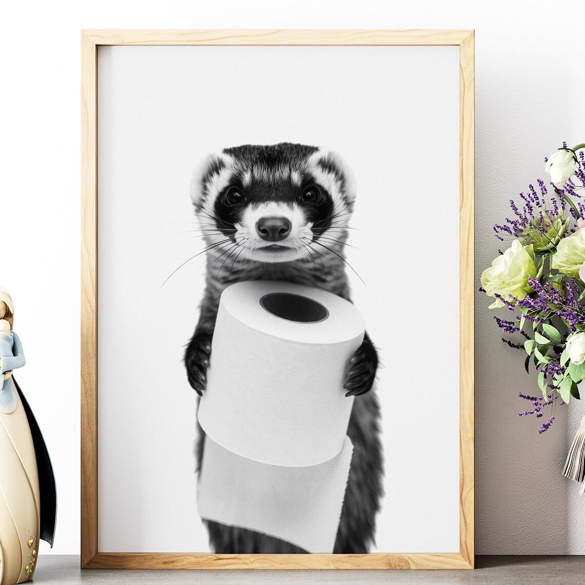 Ferret Holding Toilet Paper Black And White Funny Bathroom Art Poster