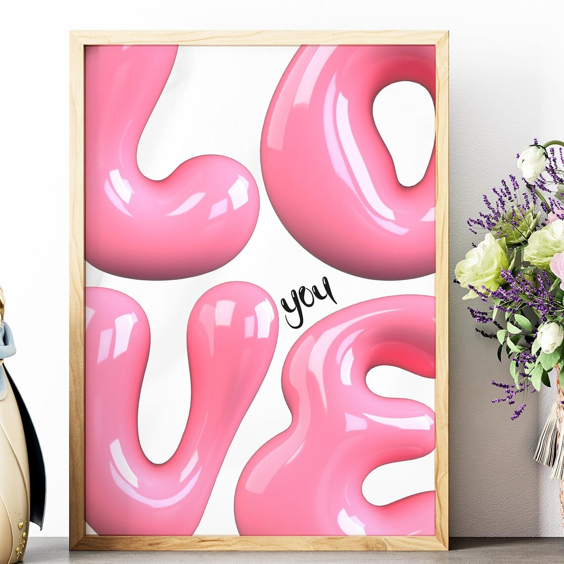 Pink 3D Bubble Letter Love You Sign Girly Dorm Room Wall Art Poster
