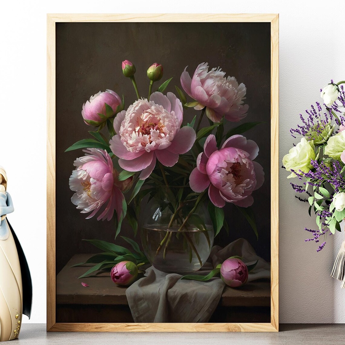Pink Peonies Glass Vase Oil Painting Dark Background Floral Poster