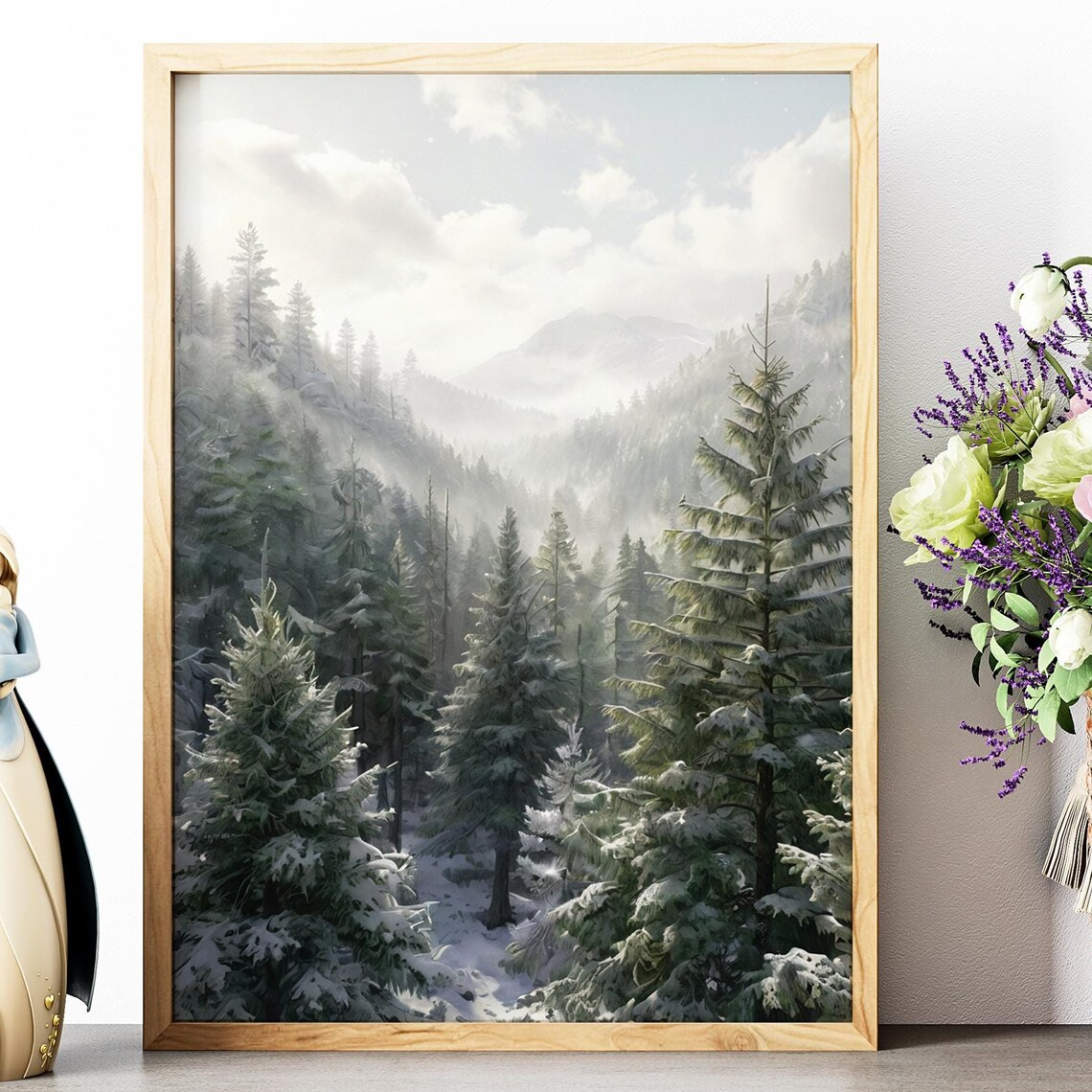 Snow Covered Pine Forest with Misty Mountains Winter Landscape Wall Poster