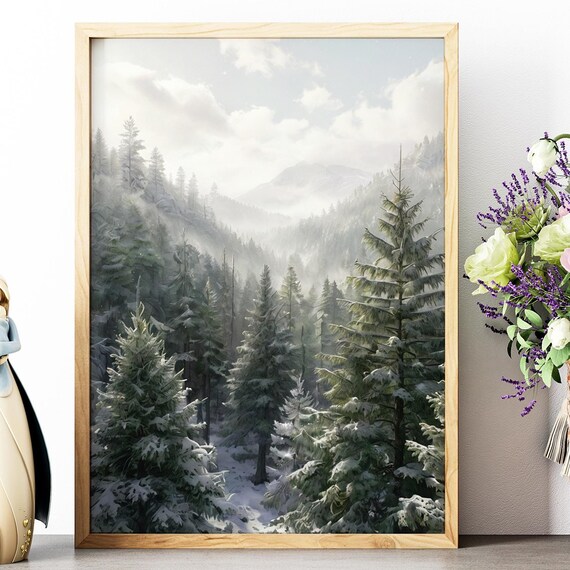 Snow Covered Pine Forest with Misty Mountains Winter Landscape Wall Poster