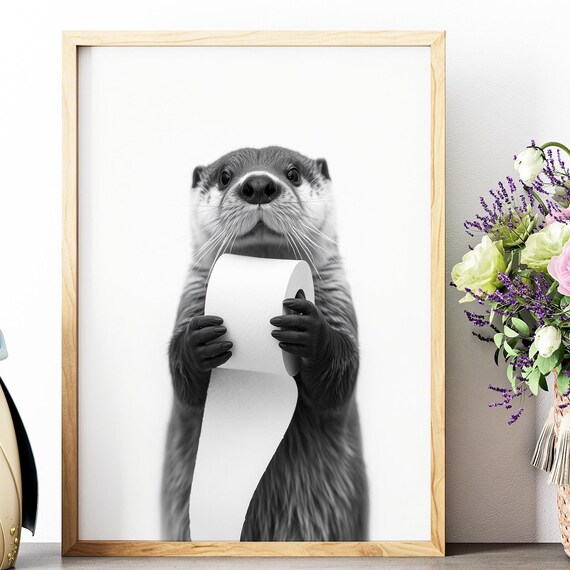 Otter Holding Toilet Paper Roll Black White Funny Bathroom Photo Poster