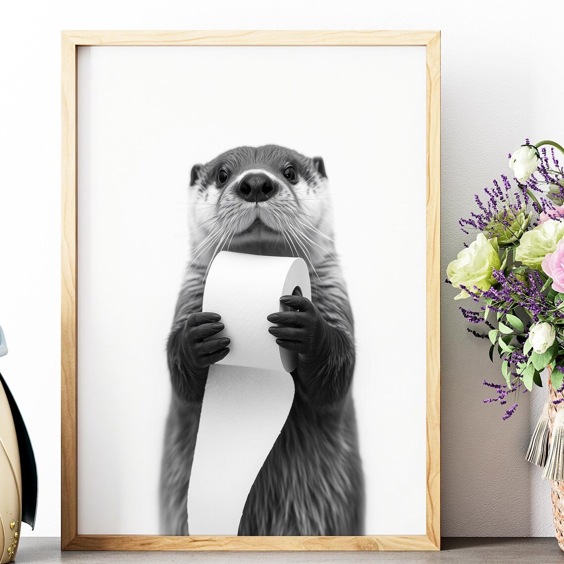 Otter Holding Toilet Paper Roll Black White Funny Bathroom Photo Poster