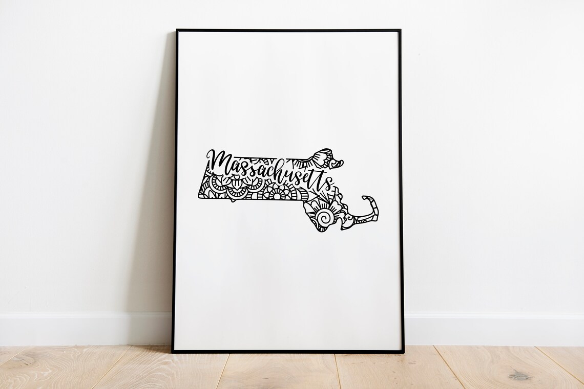 Massachusetts Mandala State Outline Minimalist Black White Line Art Home Decor Poster - Image 2