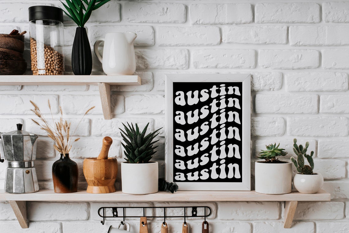 Austin Texas Retro Groovy Wavy Letters Black White City Name Wall Art - Image 2