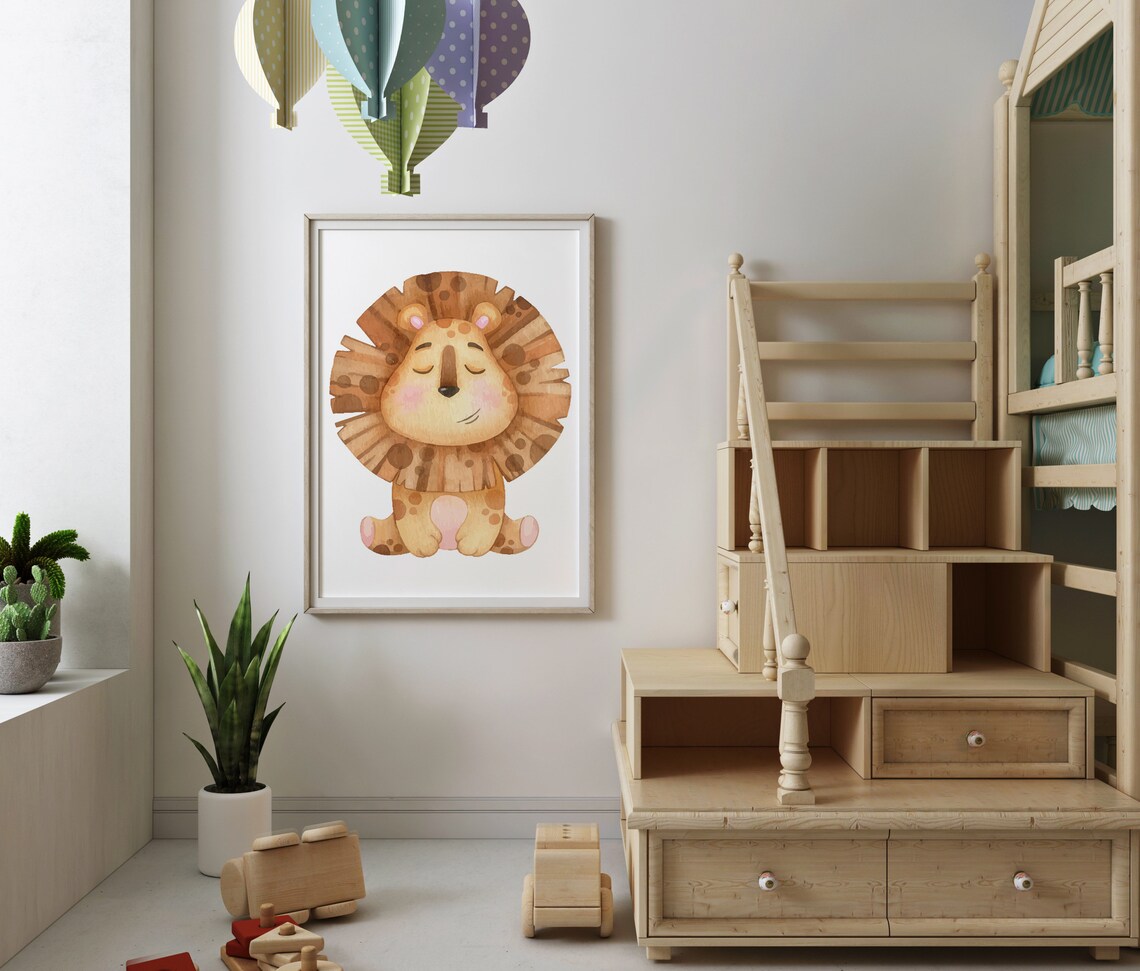 Watercolor Baby Lion Sleeping Nursery Wall Art Cute Safari Animal Poster - Image 3