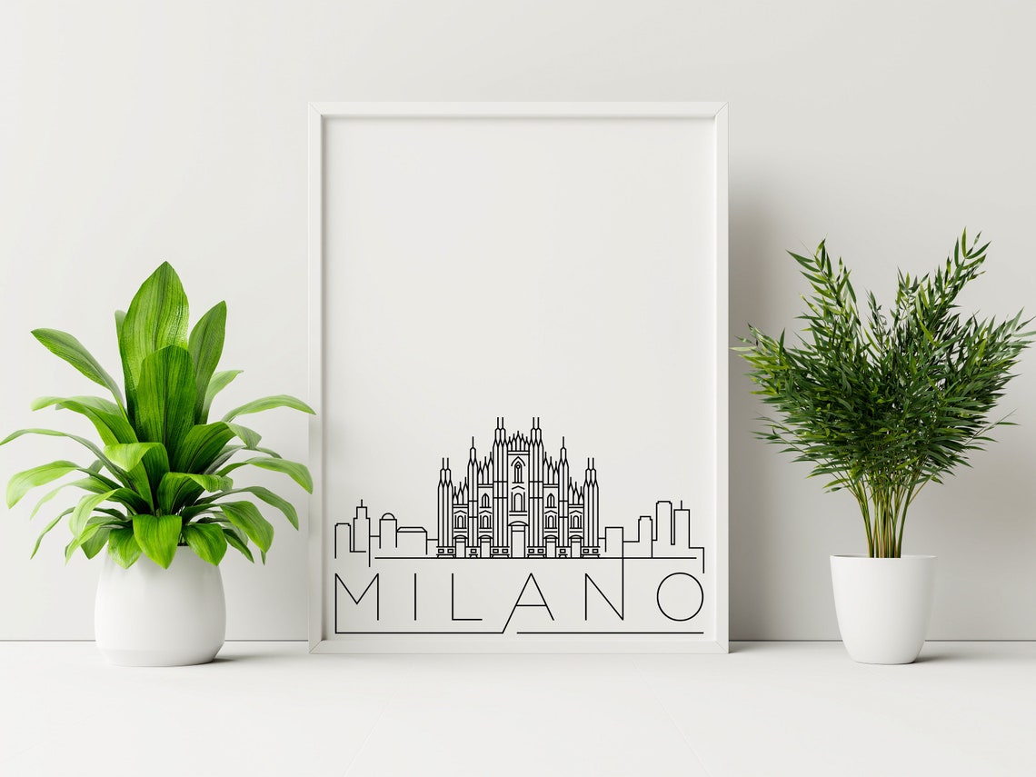 Milano Italy Minimalist Black White Line Art Skyline City Poster