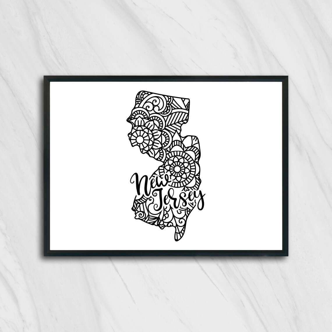 New Jersey Floral Mandala State Outline Map Black White Home Decor Poster - Image 2
