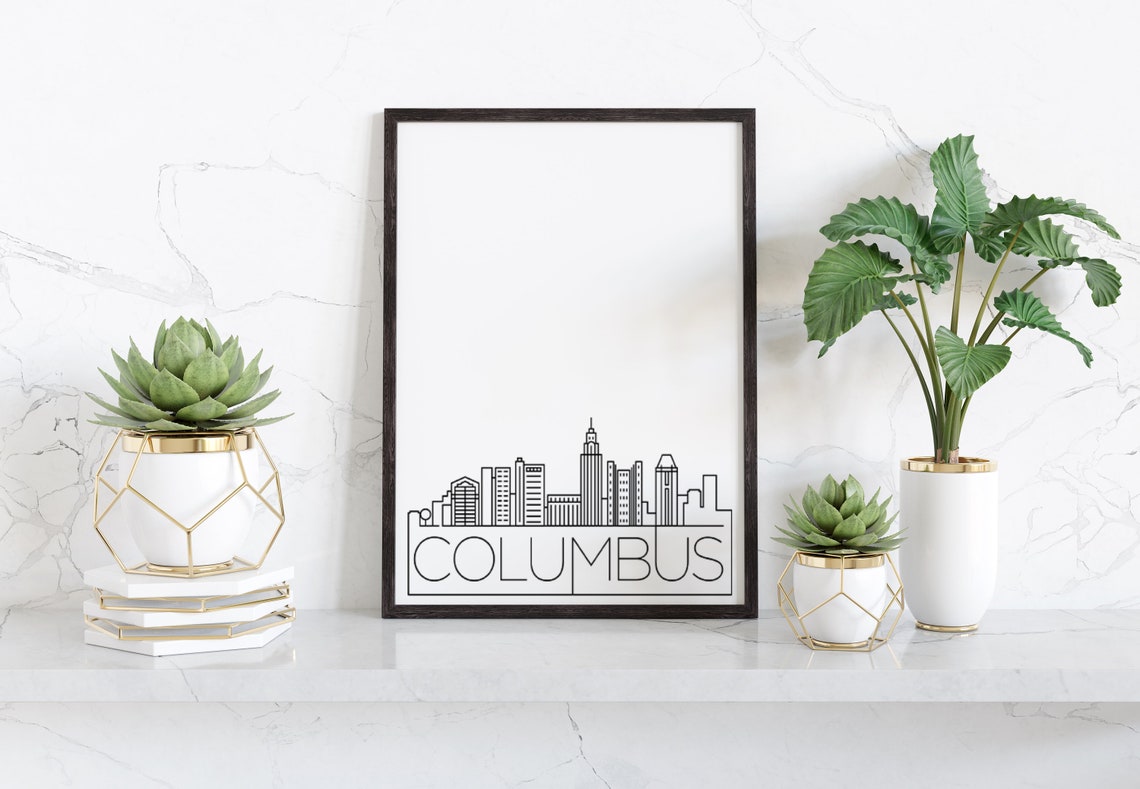 Columbus Ohio Minimalist Black White Line Art Skyline City Poster