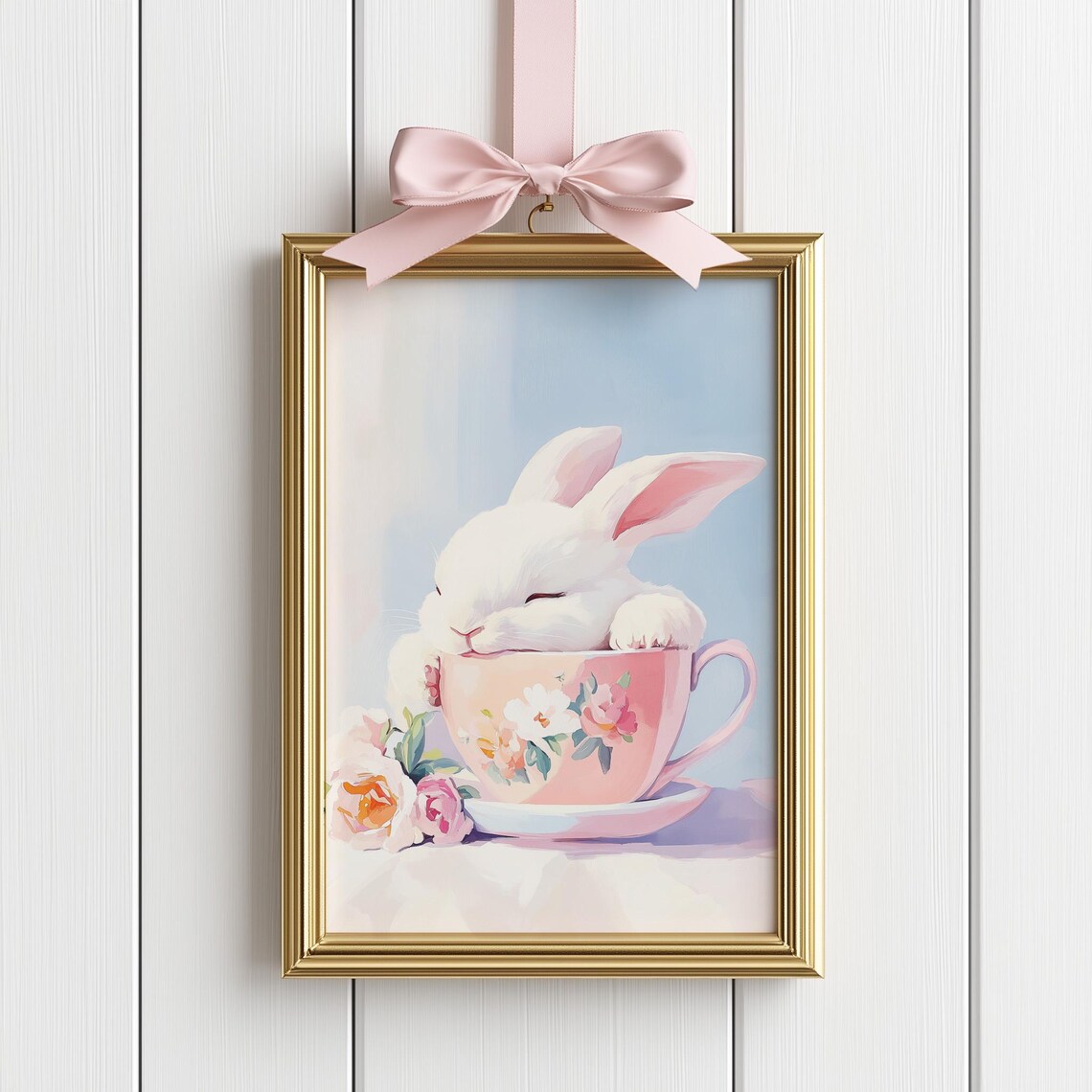 White Bunny Napping in Floral Teacup Cute Easter Spring Poster